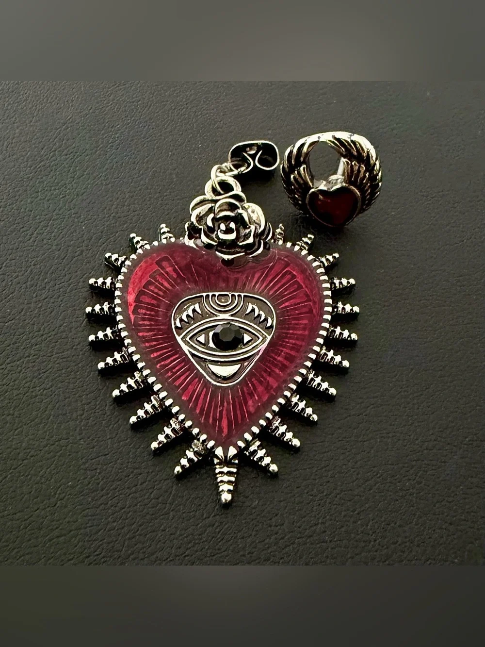 Gothic Crimson Sacred Heart & Protection Eye Dangle Earrings